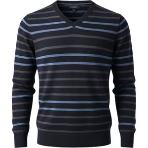 Banana Republic Mens V-Neck Sweater‎ 100% Merino Wool Striped Navy Blue Large